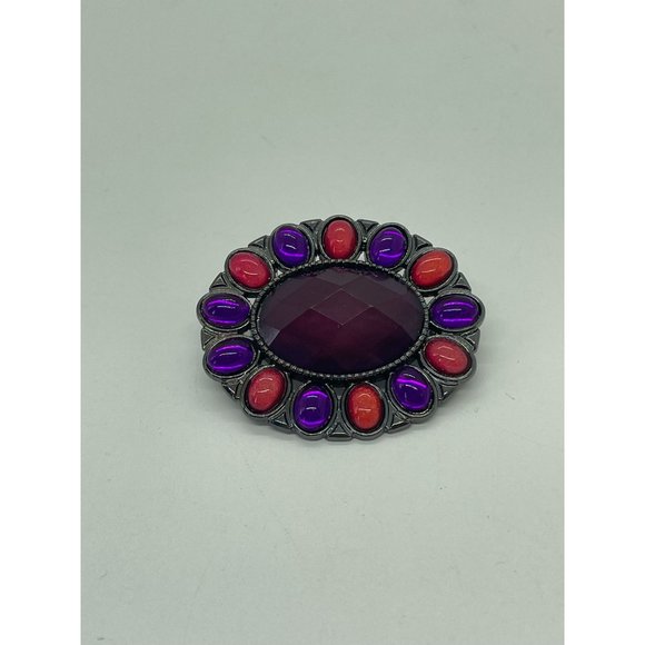Vintage Signed FAF Silver Tone Pink Purple Rhinestone Oval Brooch - Picture 2 of 6
